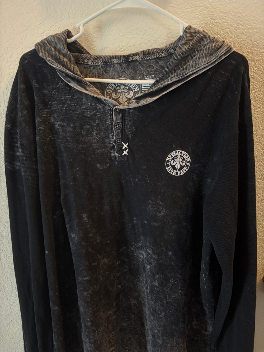 Affliction Black Washed Hooded Henley with Gray Lining